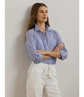 Lauren Ralph Lauren Woven Stripe Print Point Collar Roll Tab Long Sleeve Shirt