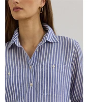 Lauren Ralph Lauren Woven Stripe Print Point Collar Roll Tab Long Sleeve Shirt