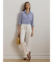 Lauren Ralph Lauren Woven Stripe Print Point Collar Roll Tab Long Sleeve Shirt