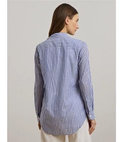 Lauren Ralph Lauren Woven Stripe Print Point Collar Roll Tab Long Sleeve Shirt
