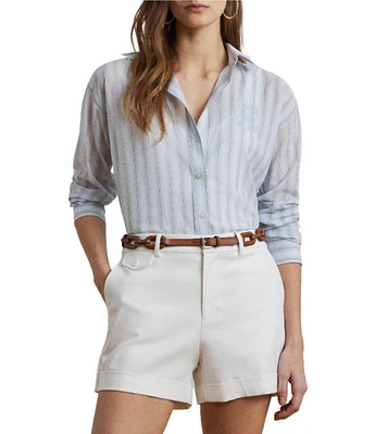 Lauren Ralph Lauren Woven Striped Point Collar Long Sleeve Oversized Shirt