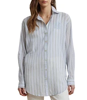 Lauren Ralph Lauren Woven Striped Point Collar Long Sleeve Oversized Shirt