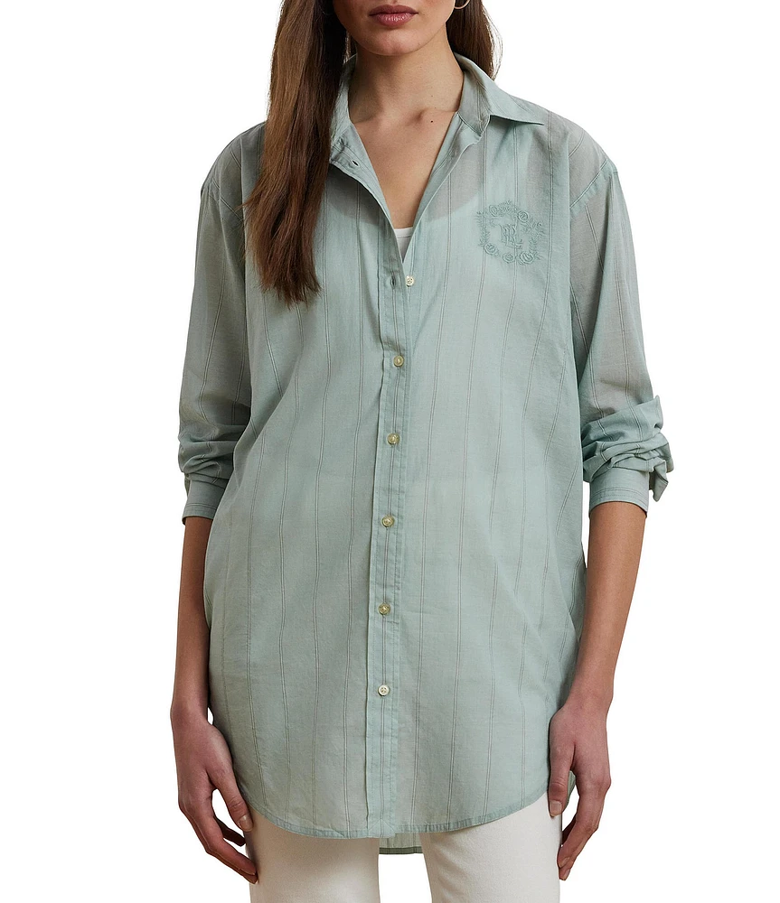 Lauren Ralph Lauren Woven Striped Point Collar Long Sleeve Oversized Shirt