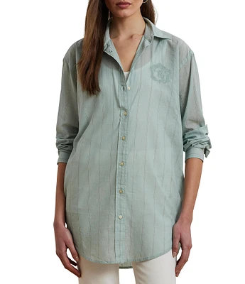 Lauren Ralph Lauren Woven Striped Point Collar Long Sleeve Oversized Shirt