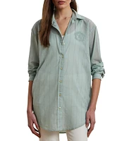 Lauren Ralph Lauren Woven Striped Point Collar Long Sleeve Oversized Shirt