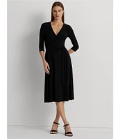 Lauren Ralph Lauren Carlyna Wrap Front V-Neck 3/4 Sleeve Jersey Machine Washable Midi Dress