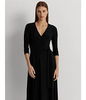 Lauren Ralph Lauren Carlyna Wrap Front V-Neck 3/4 Sleeve Jersey Machine Washable Midi Dress