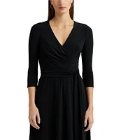 Lauren Ralph Lauren Carlyna Wrap Front V-Neck 3/4 Sleeve Jersey Machine Washable Midi Dress