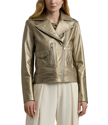 Lauren Ralph Lauren Zoren Metallic Long Sleeve Lambskin Moto Jacket