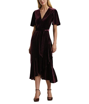 Lauren Ralph Lauren Zulianah Velvet V-Neck Short Flutter Sleeve Tie Waist Flounce Hem Midi Dress