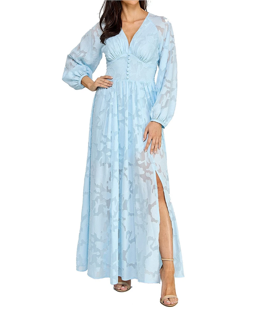 Layered With Love Alona Burnout Jacquard V-Neck Long Sleeve Button Front Side Slit Maxi Dress