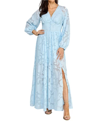 Layered With Love Alona Burnout Jacquard V-Neck Long Sleeve Button Front Side Slit Maxi Dress