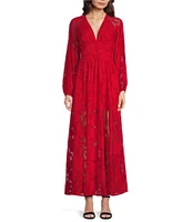 Layered With Love Alona Burnout Jacquard V-Neck Long Sleeve Button Front Side Slit Maxi Dress