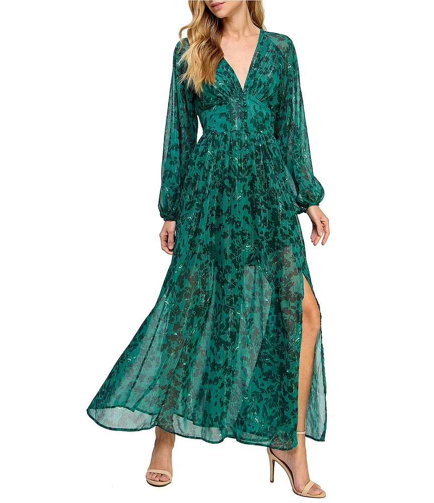 Layered With Love Alona Floral Print Chiffon Lurex Strip V-Neck Long Sleeve Maxi Dress