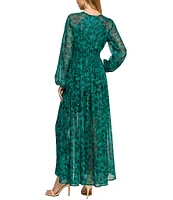 Layered With Love Alona Floral Print Chiffon Lurex Strip V-Neck Long Sleeve Maxi Dress