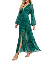 Layered With Love Alona Floral Print Chiffon Lurex Strip V-Neck Long Sleeve Maxi Dress