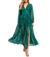 Layered With Love Alona Floral Print Chiffon Lurex Strip V-Neck Long Sleeve Maxi Dress