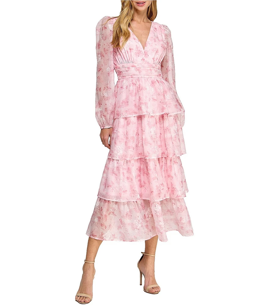 Layered With Love Amanda Organza Chiffon Floral Print V-Neck Long Sleeve Ruffle Tiered A-Line Midi Dress