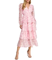Layered With Love Amanda Organza Chiffon Floral Print V-Neck Long Sleeve Ruffle Tiered A-Line Midi Dress