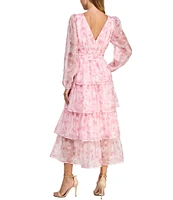 Layered With Love Amanda Organza Chiffon Floral Print V-Neck Long Sleeve Ruffle Tiered A-Line Midi Dress