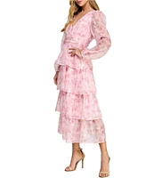 Layered With Love Amanda Organza Chiffon Floral Print V-Neck Long Sleeve Ruffle Tiered A-Line Midi Dress