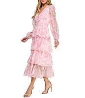 Layered With Love Amanda Organza Chiffon Floral Print V-Neck Long Sleeve Ruffle Tiered A-Line Midi Dress