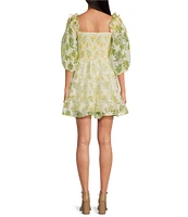 Layered With Love Beau Floral Burnout Jacquard Square Neck 3/4 Sleeve A-Line Mini Dress