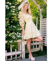Layered With Love Beau Floral Burnout Jacquard Square Neck 3/4 Sleeve A-Line Mini Dress