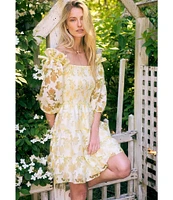 Layered With Love Beau Floral Burnout Jacquard Square Neck 3/4 Sleeve A-Line Mini Dress