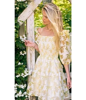 Layered With Love Beau Floral Burnout Jacquard Square Neck 3/4 Sleeve A-Line Mini Dress