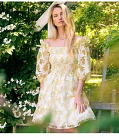 Layered With Love Beau Floral Burnout Jacquard Square Neck 3/4 Sleeve A-Line Mini Dress