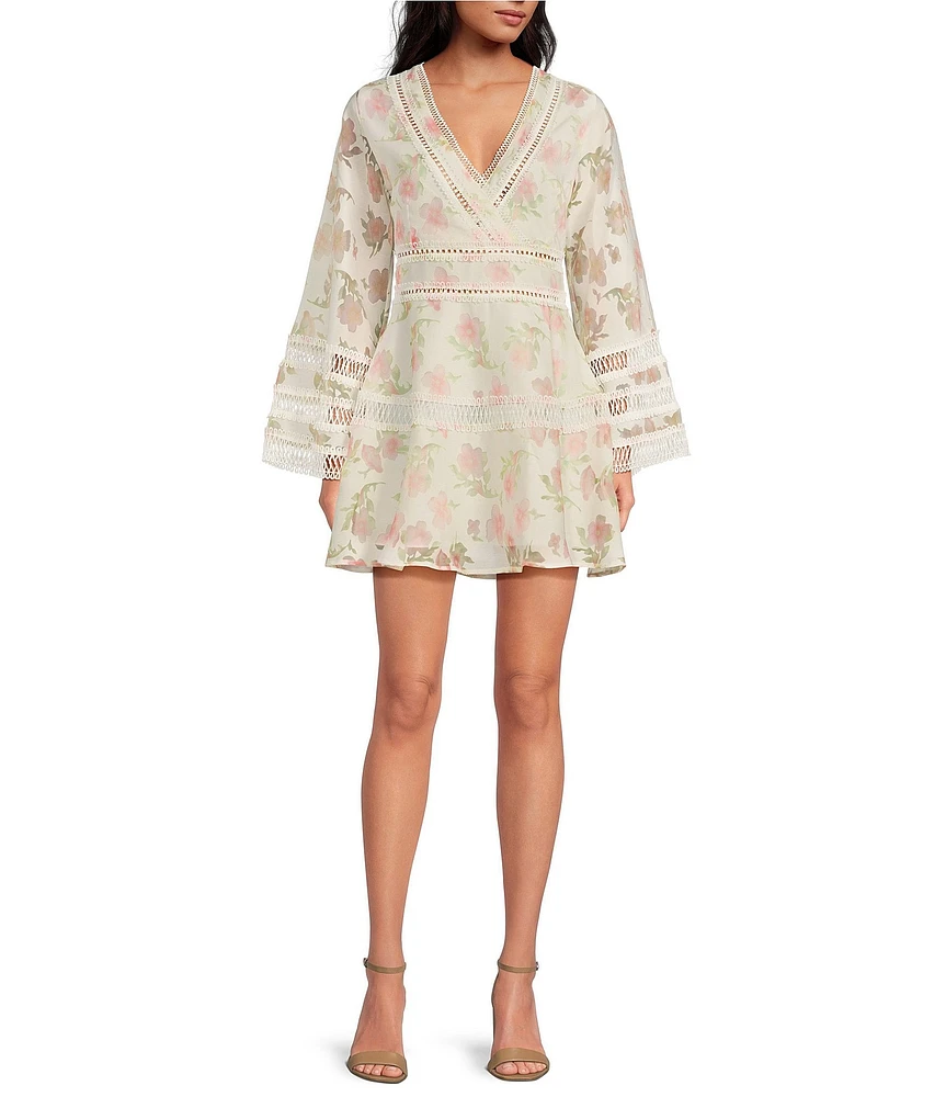 Layered With Love Blair Floral Burnout Jacquard V Neck Long Sleeve A-Line Mini Dress
