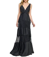 Layered With Love Celia Satin V-Neck Sleeveless Tiered Lace Maxi Dress