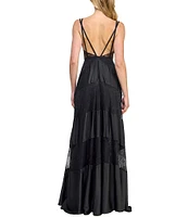 Layered With Love Celia Satin V-Neck Sleeveless Tiered Lace Maxi Dress