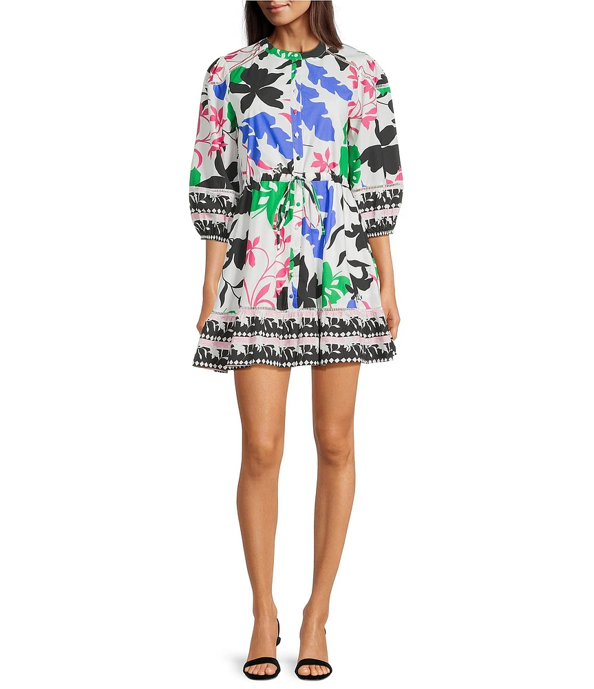 Layered With Love Crew Neck 3/4 Sleeve Printed Cotton Poplin A-Line Mini Dress