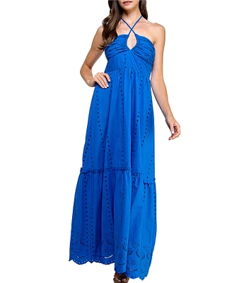 Layered With Love Daisy Keyhole Halter Sleeveless Smocked Back Shirred Bust Cotton Eyelet Maxi Dress