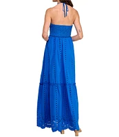 Layered With Love Daisy Keyhole Halter Sleeveless Smocked Back Shirred Bust Cotton Eyelet Maxi Dress
