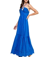 Layered With Love Daisy Keyhole Halter Sleeveless Smocked Back Shirred Bust Cotton Eyelet Maxi Dress