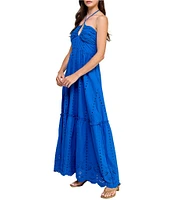 Layered With Love Daisy Keyhole Halter Sleeveless Smocked Back Shirred Bust Cotton Eyelet Maxi Dress