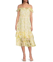 Layered With Love Edie Floral Burnout Jacquard Off-The-Shoulder Neck Sleeveless A-Line Midi Dress