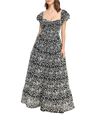 Layered With Love Embroidered Jacquard Sweetheart Neck Puff Sleeves A-Line Dress