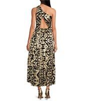 Layered with Love Florence Floral Jacquard Asymmetrical One Shoulder Sleeveless Ruffle Tiered Hem A-Line Maxi Dress