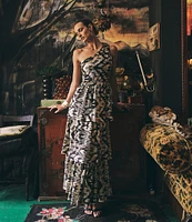 Layered with Love Florence Floral Jacquard Asymmetrical One Shoulder Sleeveless Ruffle Tiered Hem A-Line Maxi Dress