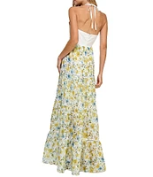 Layered With Love Floripa Jacquard Floral Print Halter Neck Sleeveless Cut Out A-Line Maxi Dress