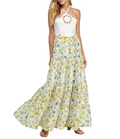 Layered With Love Floripa Jacquard Floral Print Halter Neck Sleeveless Cut Out A-Line Maxi Dress