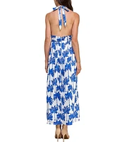 Layered With Love Halter Neck Sleeveless Tropical Palm Print Cotton Poplin Maxi Dress