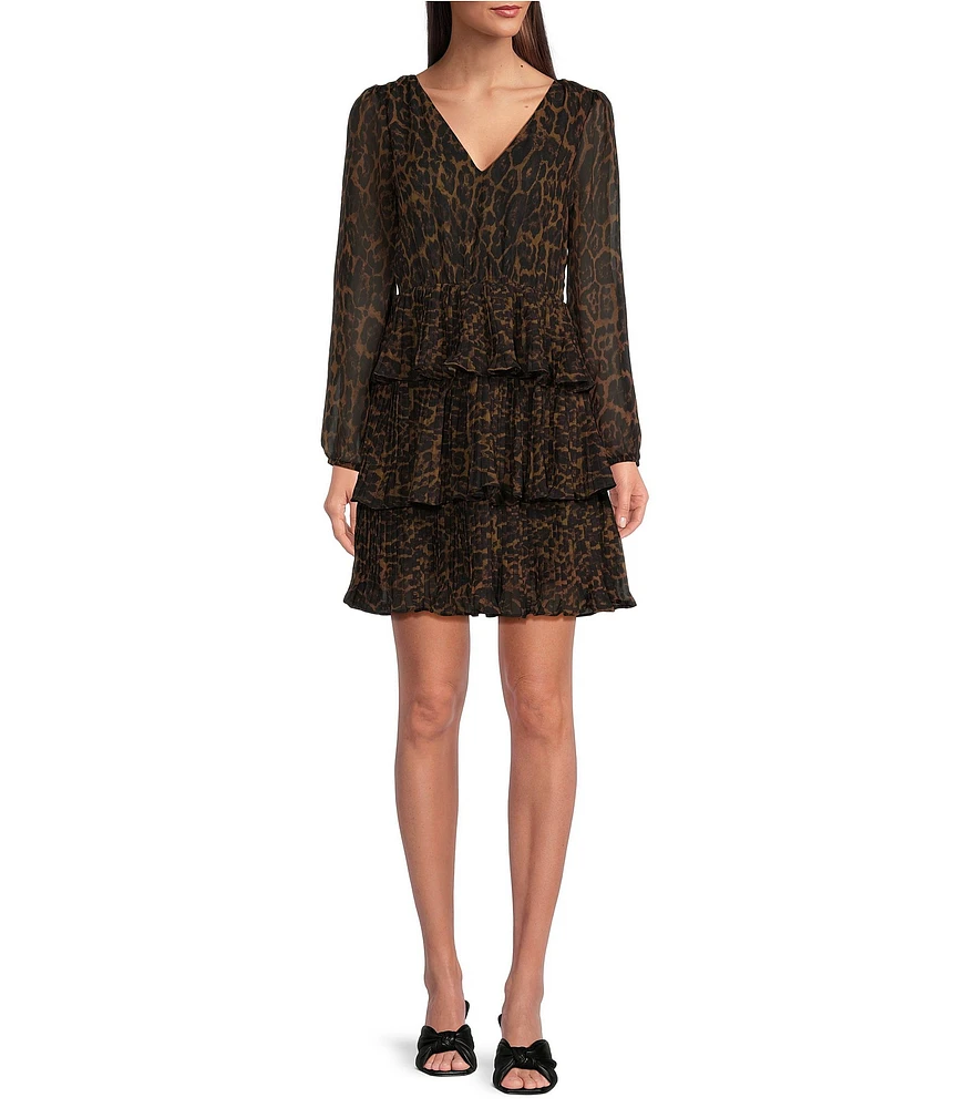 Layered With Love Jackie Chiffon Animal Print V-Neck Long Sleeve Tiered Mini Dress