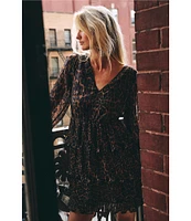 Layered With Love Jackie Chiffon Animal Print V-Neck Long Sleeve Tiered Mini Dress