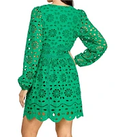 Layered With Love Kris Cotton Eyelet Knit V-Neck Long Sleeve Trim Detail Fit & Flare Dress