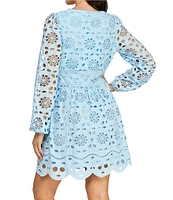 Layered With Love Kris Cotton Eyelet Knit V-Neck Long Sleeve Trim Detail Fit & Flare Dress